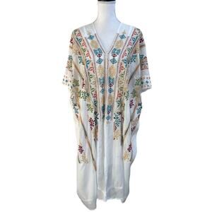 JOHNNY WAS Sz S Embroidered Silk Kaftan White Shift Midi Dress Oversized Boho